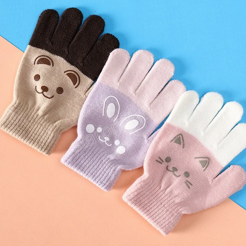Barn söta tecknade handskar stretchiga stickade fulla fingerhandskar för flickor pojkar håller varma höstvintermantens 3-6 år