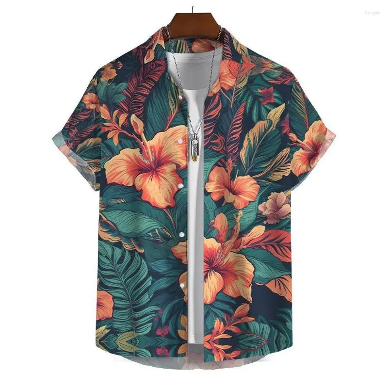 Camisas casuais masculinas 2023 verão havaiano praia flores à beira-mar verde folhas camisa para homens botão até manga curta fina coreano roupas de moda