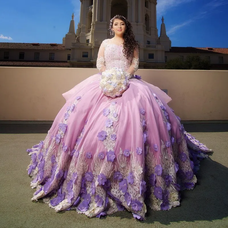 Rosa prinsessan quinceanera klänningar o-hals långärmad bollklänning applikation pärlor 3d blommor 15 år gamla flickor klänningar