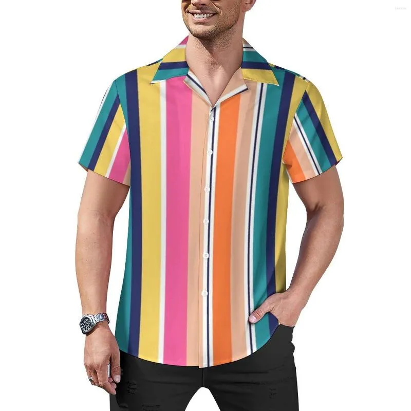 Męskie koszule zwykłe jasne paski koszulę plażową kolorowe paski drukuj hawajskie mężczyźni vintage bluzki krótko rękawowe graficzne top plus rozmiar