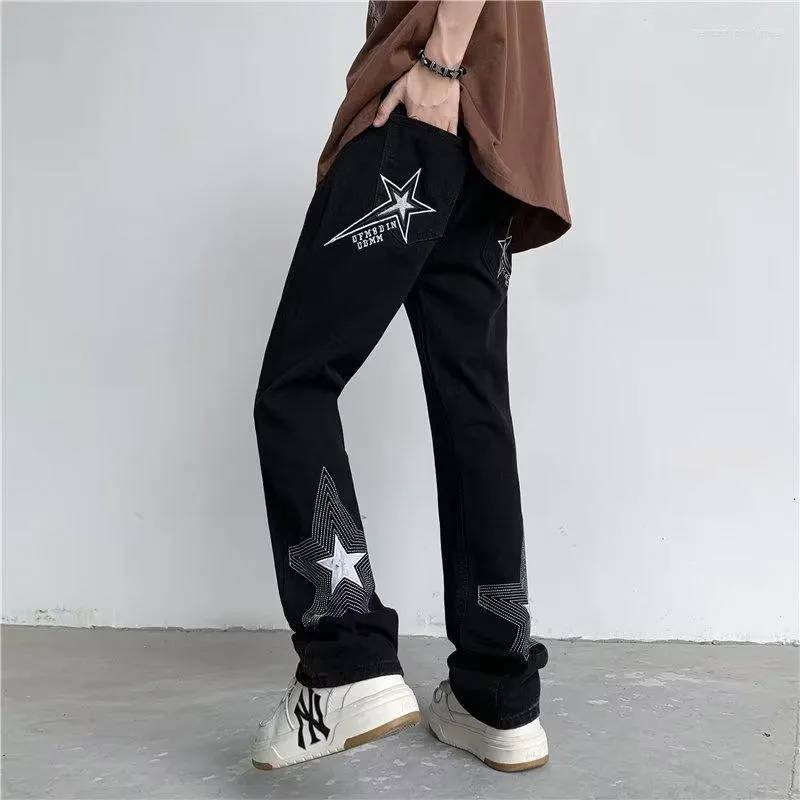 Men's Straight Fit Baggy Jeans with Star Embroidery Mid Waist