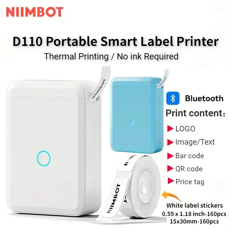 NIIMBOT Label Maker Machine D110 Sticker Printer Maker With 1 Roll 0.59"x1.18" White Starter Label Paper,Wireless Technology USB Rechargeable Thermal Label Printer