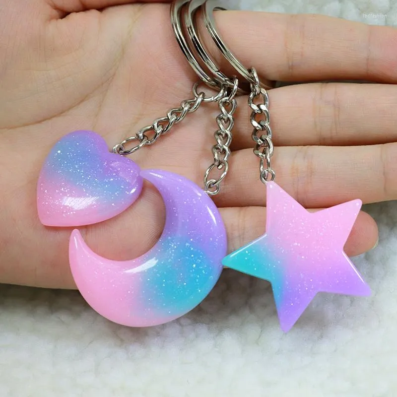 Keychains Fashion Resin Keychain Keyring Heart Half Moon Gradient Blue Pink Glitter Star Key Ring Acrylic Car Trinket Cute Party Xmas Gift