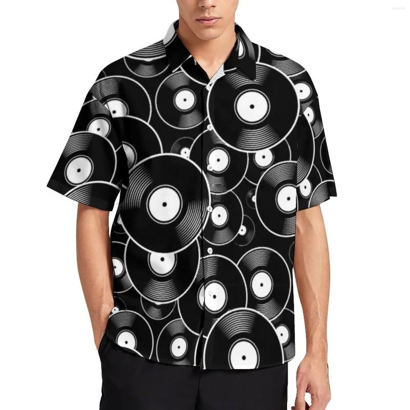 Camisas casuais masculinas retrô discos de vinil camisa de praia preto e branco verão moda masculina blusa manga curta blusa personalizada plus size