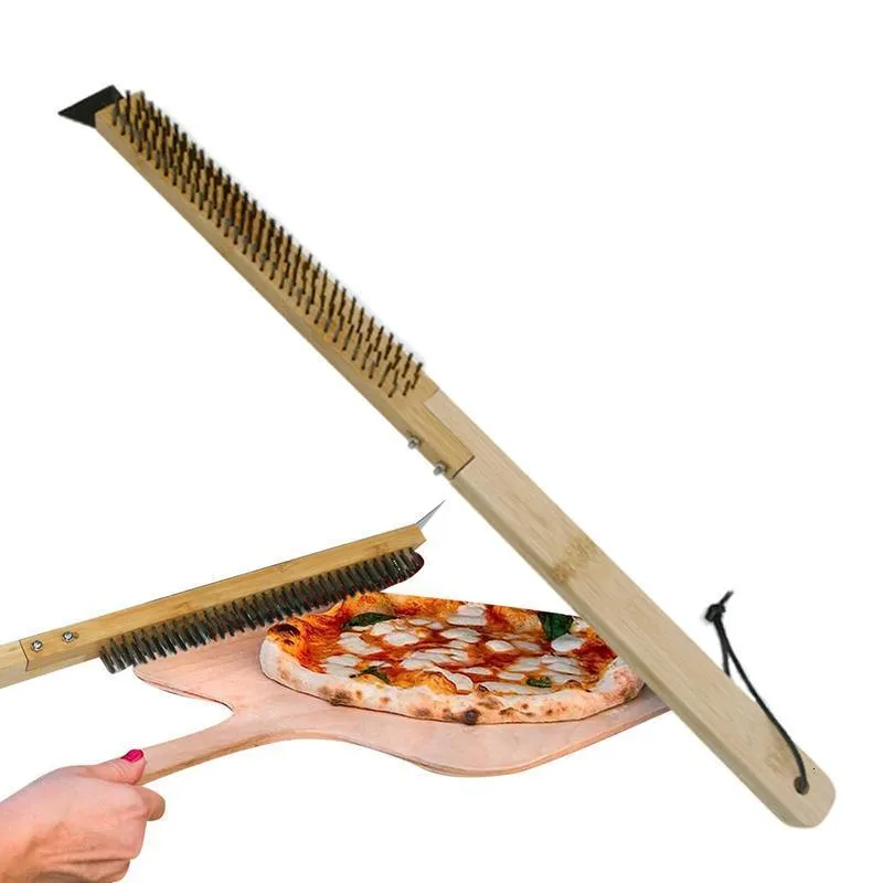 Moules de cuisson Brosse à pierre à pizza avec grattoir Manche en bois Poils en acier inoxydable Nettoyage de gril portable pour nettoyeur de four extérieur 230729