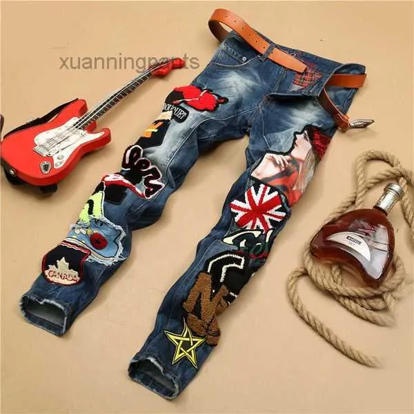 Spring Punk Men's Skinny Jeans Autumn Embroidered Cotton Denim Pants Fashion Urban Mid Waist Vaqueros Hombre N96N