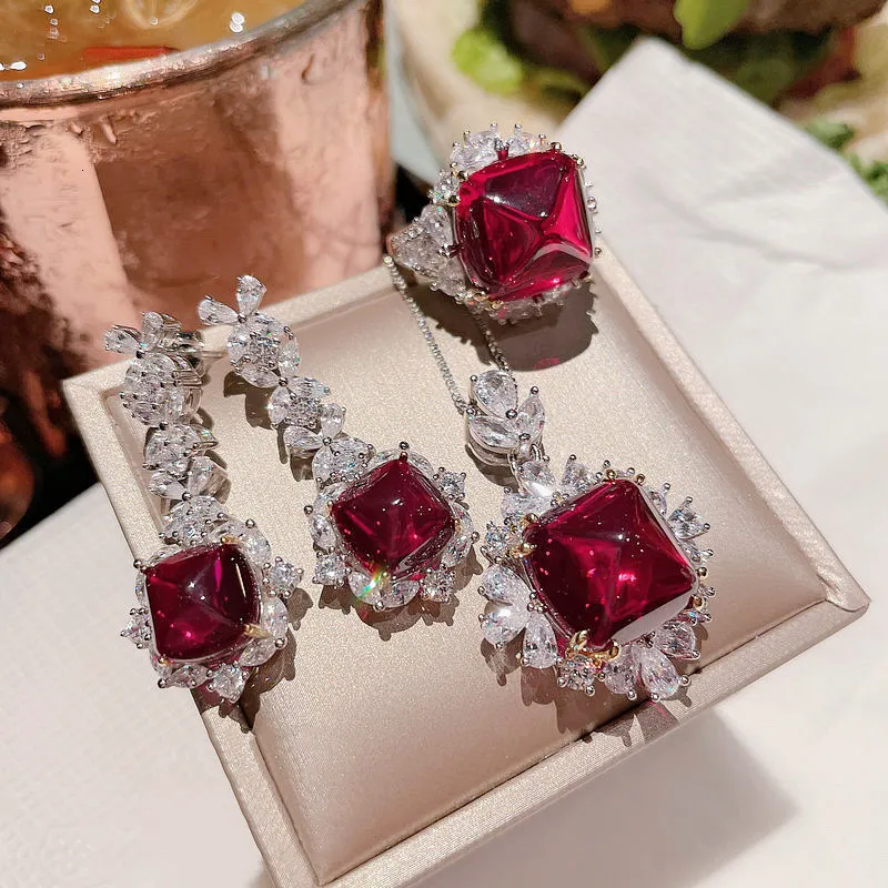 Vintage Ruby Diamond Wedding Jewelry Set 925 Sterling Silver Earrings Ring Necklace for Brides 2024