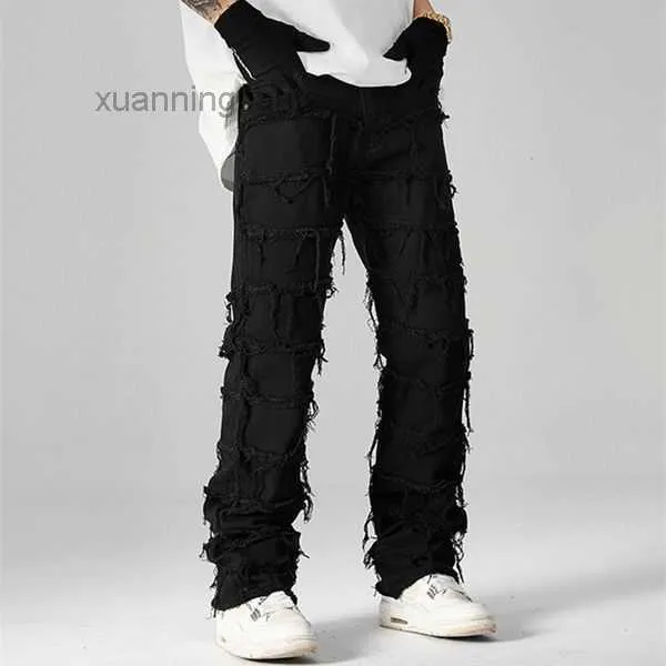 Mannen Jeans Punk Gestapelde Witte Rechte Broek Mannen Mode Hip Kpop Katoen Oude Lange Hombre MQKU