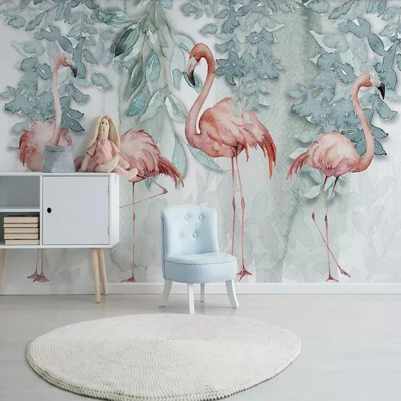Tapetka dekoracyjna tapeta oryginalna północna Europa prosta małe świeże liście flamingo wiejskie cegły tło ścienne