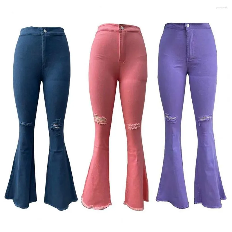 Women's Jeans Fringed Edge Denim Pants Elastic Skin-friendly Sexy Mid Waist Ripped Flared For Work