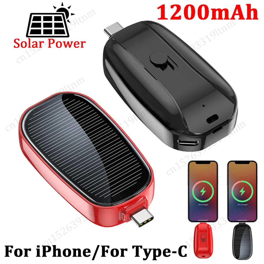 1200mAh Portable Solar Power Bank Keychain Phone Charger Mini PowerBank Outdoor Camping för iPhone Type C Port Backup Power Bank