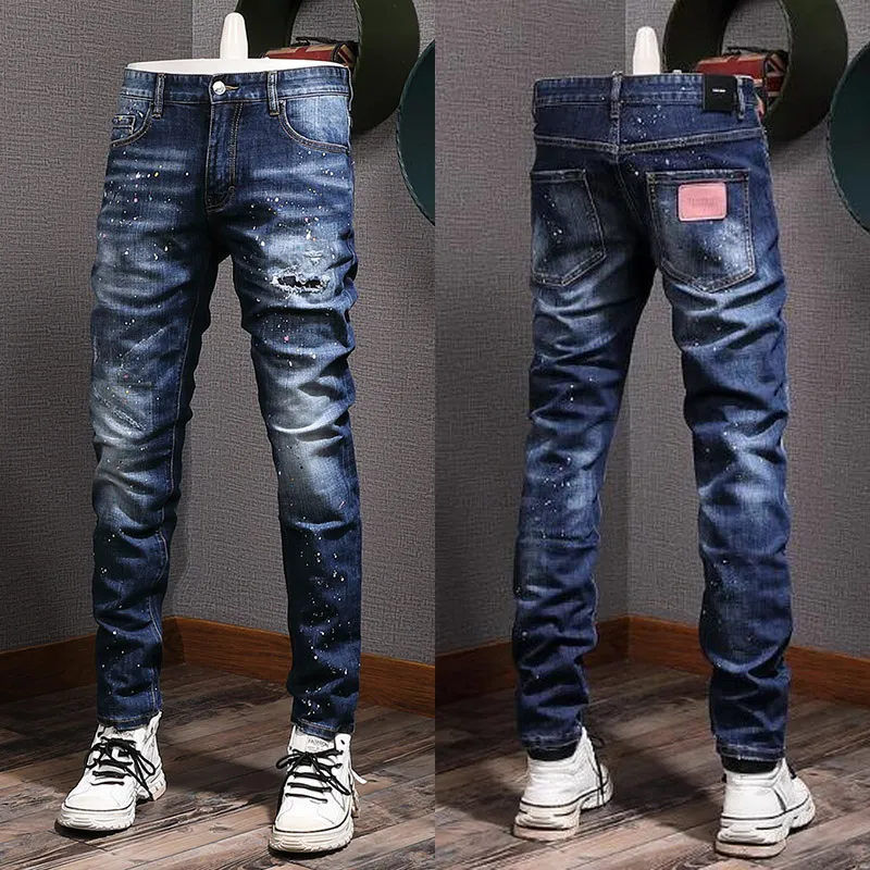 Plus Size 38 Men's Blue Jeans Men Slim Fit Distressed Bleach Wash Vintage Denim Pants Male