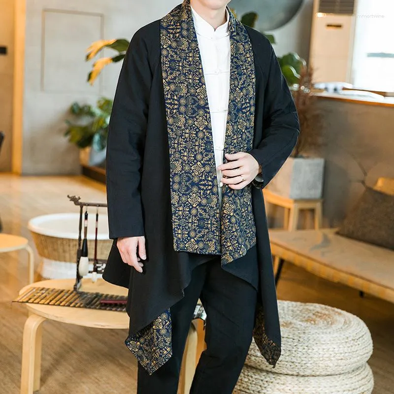 Herrgravrockar #4262 Svartblå röd asymmetrisk kappa Lossa kimono cardigan lång vintage kinesisk stil bomullslinne överrock överrock