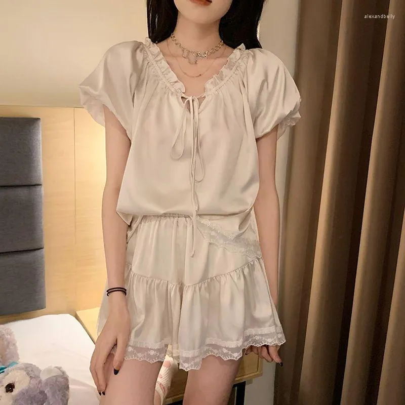 Women's Sleepwear Lace Women Pajamas Shorts Sets Korean Japan Style Pijama Loungewear White Summer Two Piece Set Night Wear Home Suit