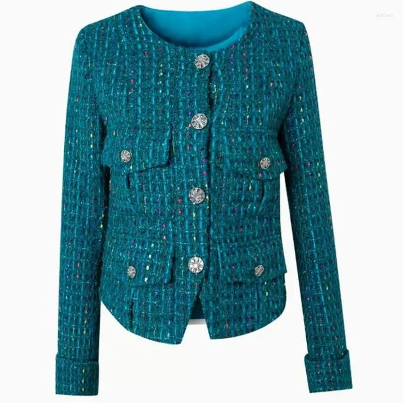 Damenjacken Französische Frühlings-Herbst-Tweed-Wolljacke Frauen O-Ausschnitt Stricken Pfauenblau Kleiner Duft Kurze Oberbekleidung