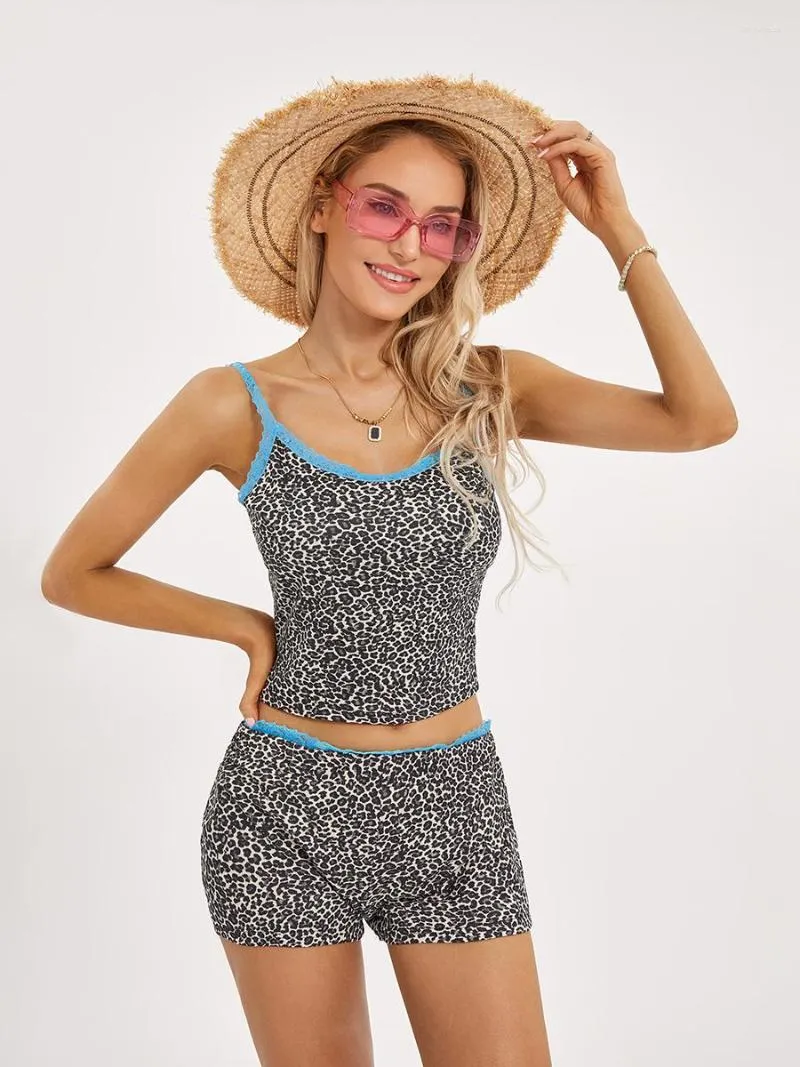 Kvinnors spårskidor Kvinnors sommarvintage 2 -stycken kläder Lounge Matchande uppsättningar Leopard spets trim skörd väst toppar 2000 -tal estetik