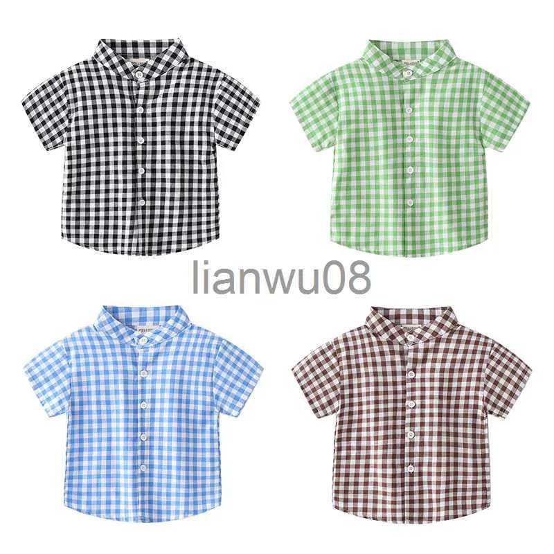 Kids Shirts Plaid Mode Jongens Shirts Stand Kraag Peuter Zomer Outfits Kinderen Tops Kinderkleding x0728