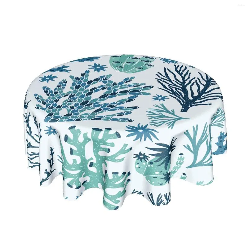 Toalha de Mesa Toalha de Mesa Redonda Litoral de Verão de 60 Polegadas Azul Náutico Oceano Coral Estampado Panos de Poliéster Farmhouse Beach Cover