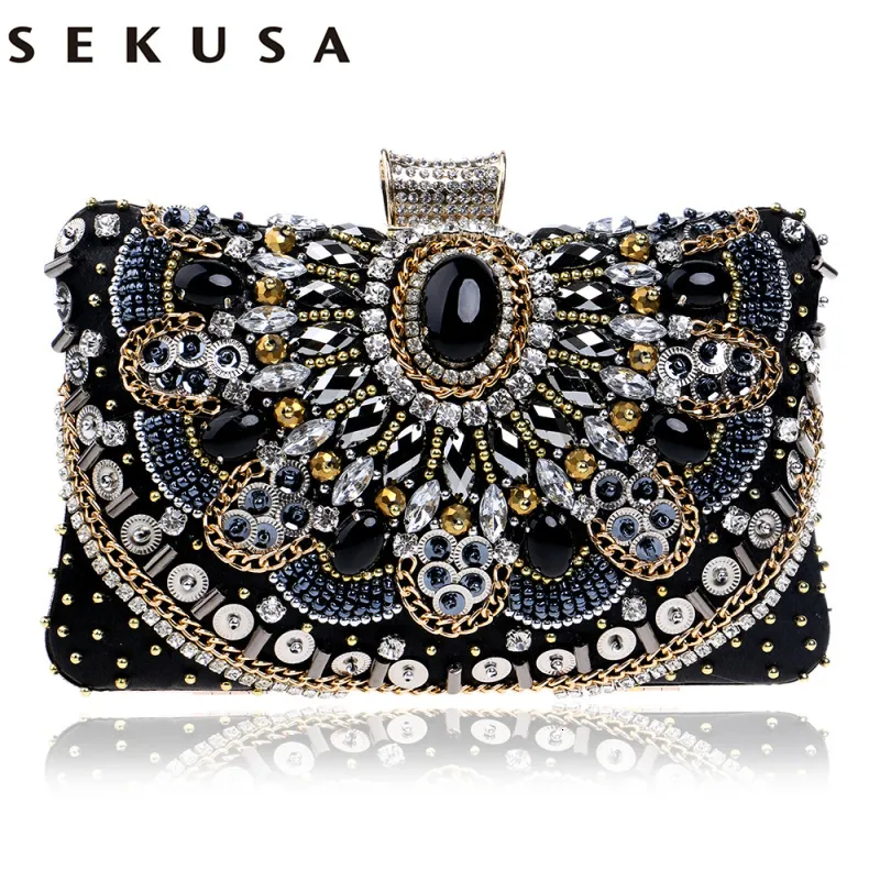 Kvällspåsar Sekusa Liten pärlstav kopplingsväska Elegant Black Wedding Party Handbag Metal Chain Shoulder 230729