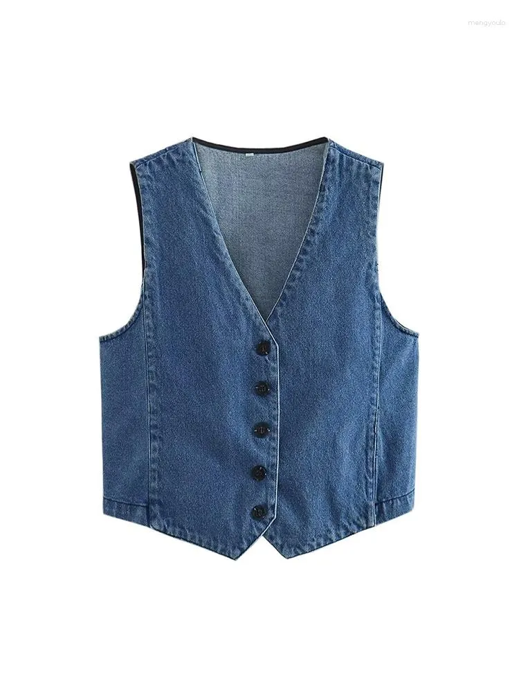 Women's Tanks 2023 Spring Leisure Fashion Unique V-neck Sleeveless Single Breasted Slim Fit Blue Tank Top Vest