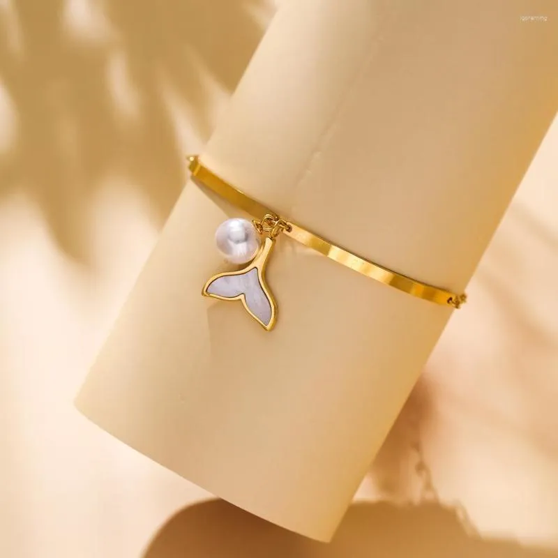 Braccialetti di collegamento Fashion Shell Fishtail Bracciale di perle d'imitazione Colore oro giallo Gioielli in acciaio inossidabile per donna Non sbiadire all'ingrosso