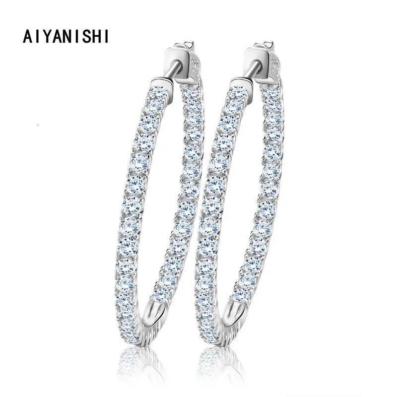 Hoop Huggie Aiyanishi Gerçek 925 STERLING Gümüş Klasik Büyük Küpeler Lüks Sona Diamond Moda Basit Minimal Hediyeler 230729