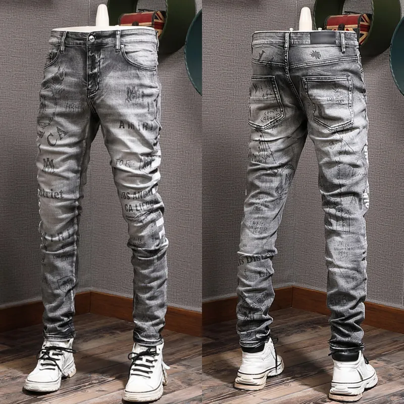 Jeans Hombre Negro Gris Pierna Slim Fit Lavado Estampado Vintage