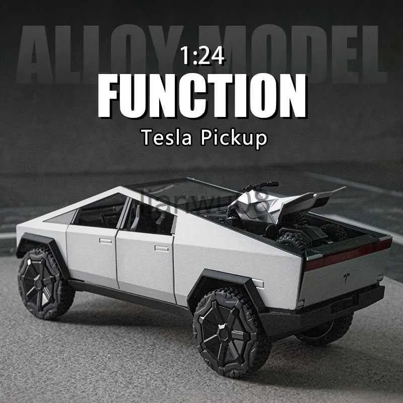 Diecast Model Cars 124 Tesla Cyberpunk Pickup Truck Model Alloy Simulation Sound and Light Pull Back Offroad fordon pojkar samling dekoration x0731