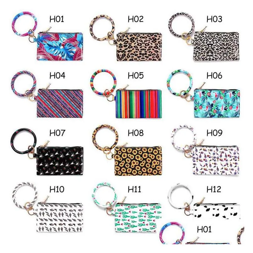 Nyckelringar Lanyards PU -armband Keychain Leather Wrist Key Ring Round Leopard Plånbok Armband Handväska Pendant Purse Lady Clutch Bag Otbcf