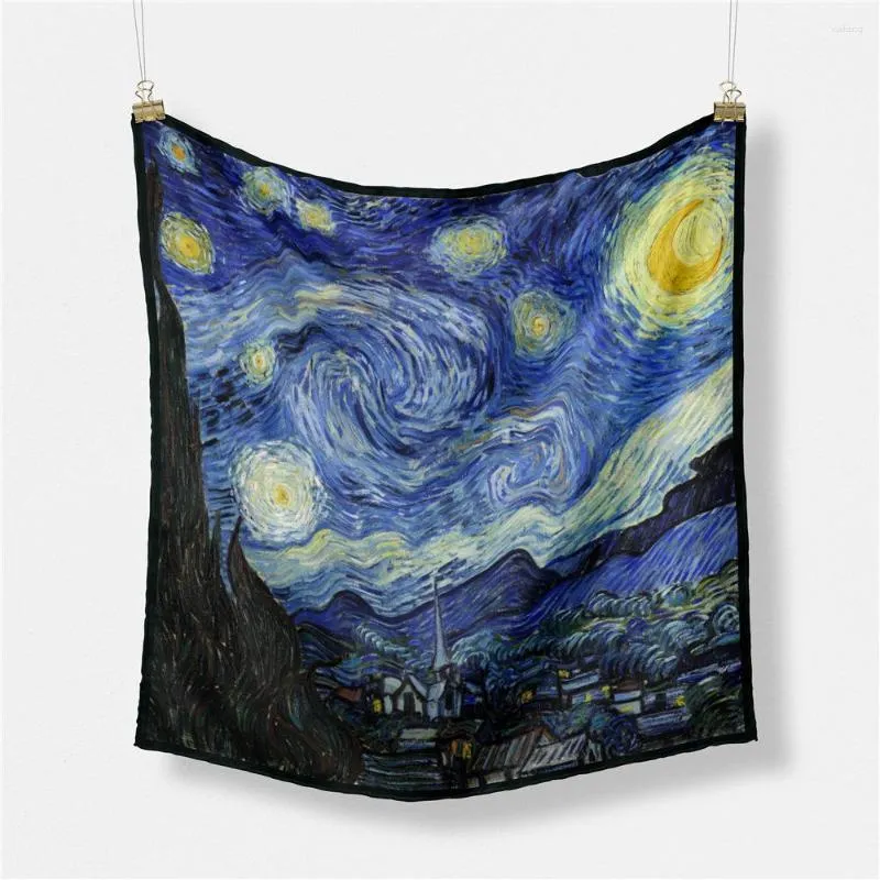 Шарфы знаменитые масляные живописи твил звездный небо шелк шарф мода Женщины обертывают 53 см. Квадратный головой шейный шейф