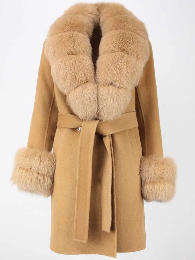 Kvinnors päls faux päls Ofbuy 2023 New Fashion Winter Jacka Women Real Fur Coat Natural Wool Blends Cashmere Double Breasted Belt Overcoat Streetwear HKD230727