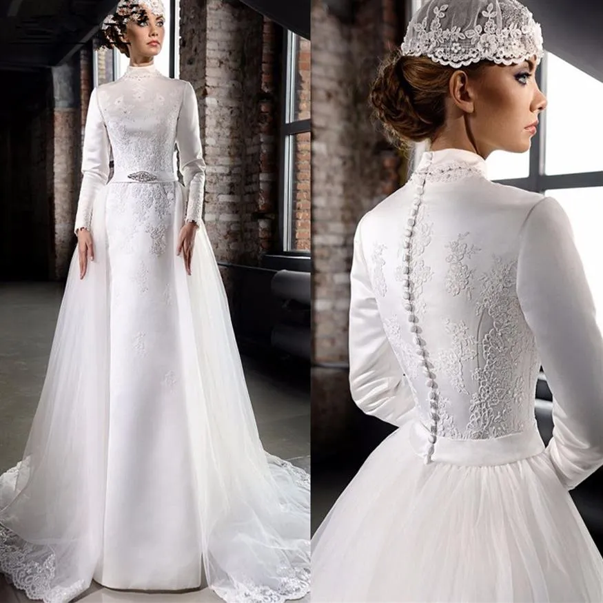 Modest Satin A Line Muslim Wedding Dresses High Neck Satin Long Sleeves Lace Applique Beaded Bridal Gowns With Tulle Detachable Tr2830