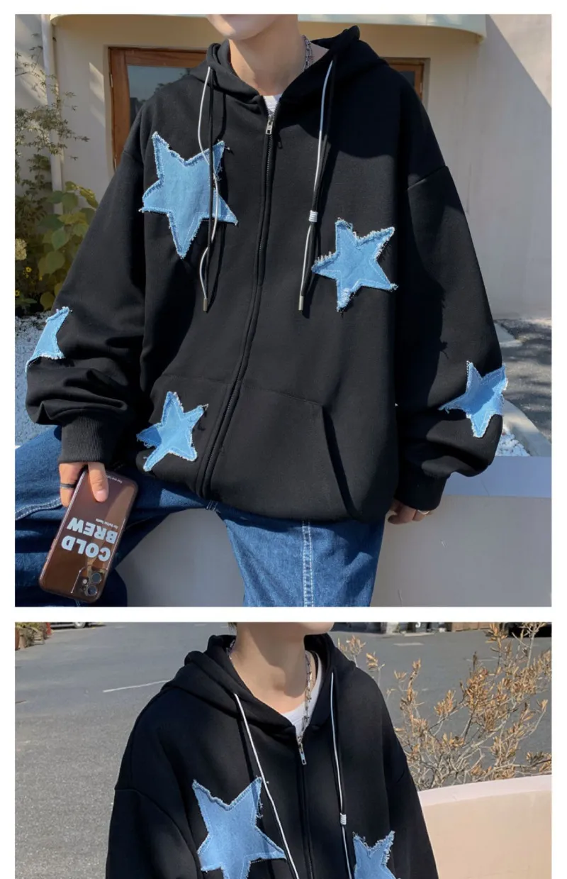 Y2K Zip Up Jackets With Harajuku Star Patch, Oversized Y2K Zip Up Jackets With Harajuku Star Patch, Oversized