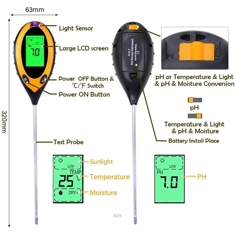 PH -mätare Jordens pH -testare 4in1 pH Lätt fukt Aciditetstestare Jordtestare Fuktmätare Växt Tester Kit för blomma pH -mätare No Box 230731