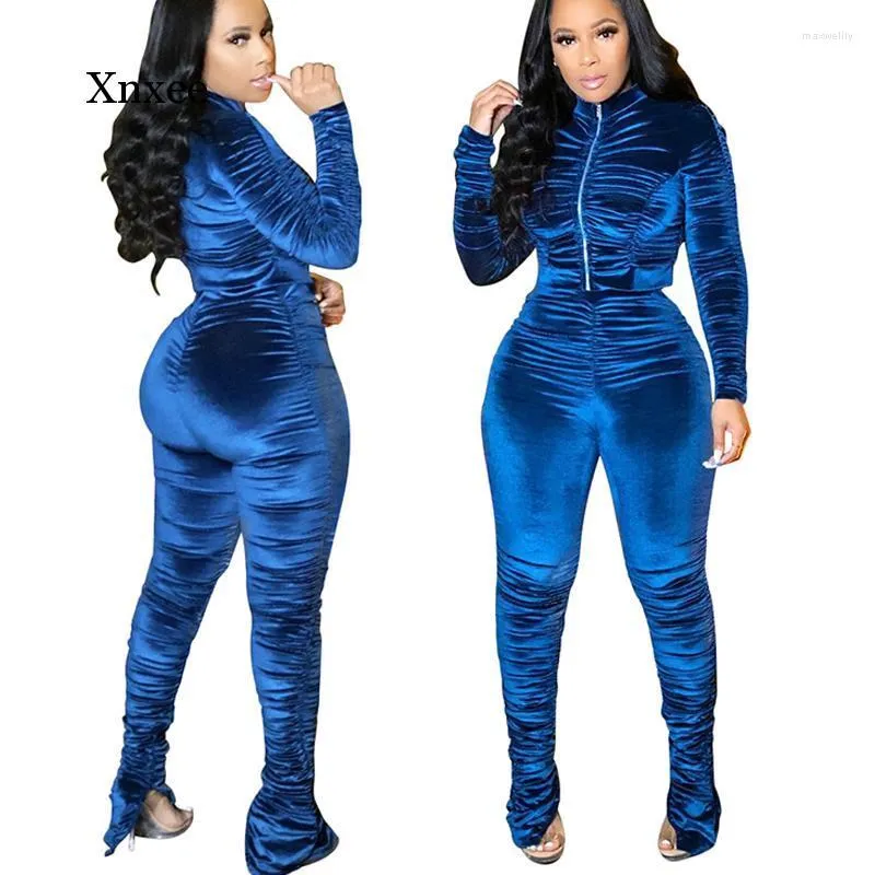 Kvinnors tvåbitar byxor Vintage Sports Velvet Folds Leggings Set Long Sleeve Loungewear Suit Women Outfits Picks Stackade byxor Sweatsuit