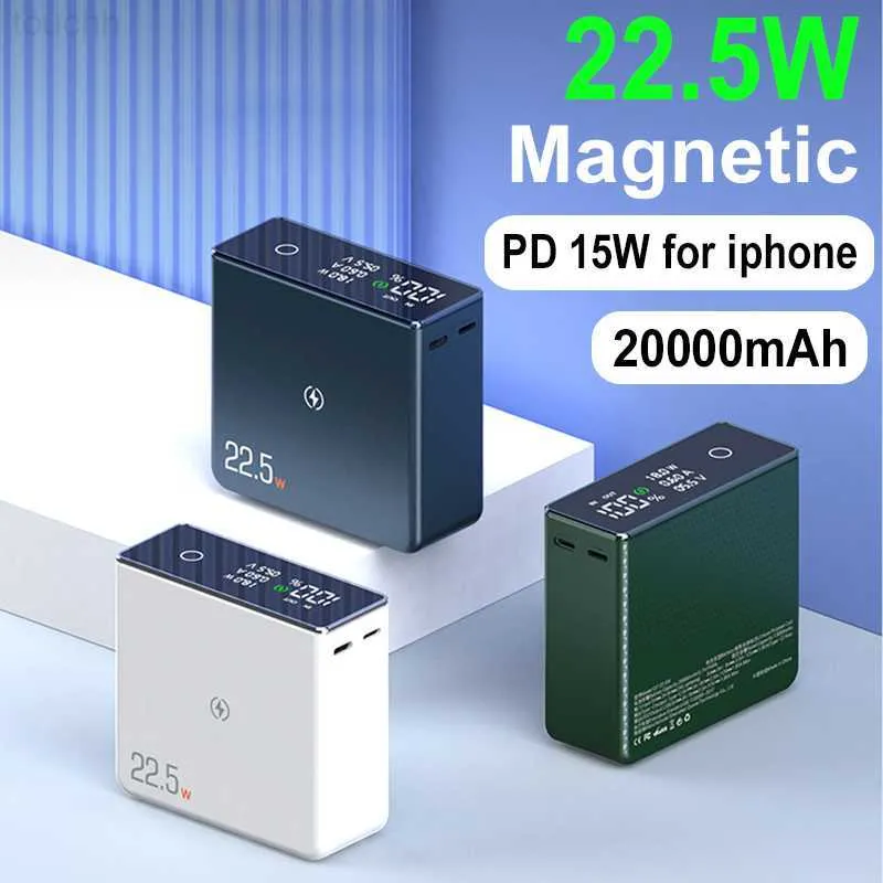 Power Banks de telefone celular 20000mAh Magnetic Power Bank PD20W Carregamento rápido Carregador sem fio para Iphone 1213 Portátil LED Digital Display Bateria Externa L230731