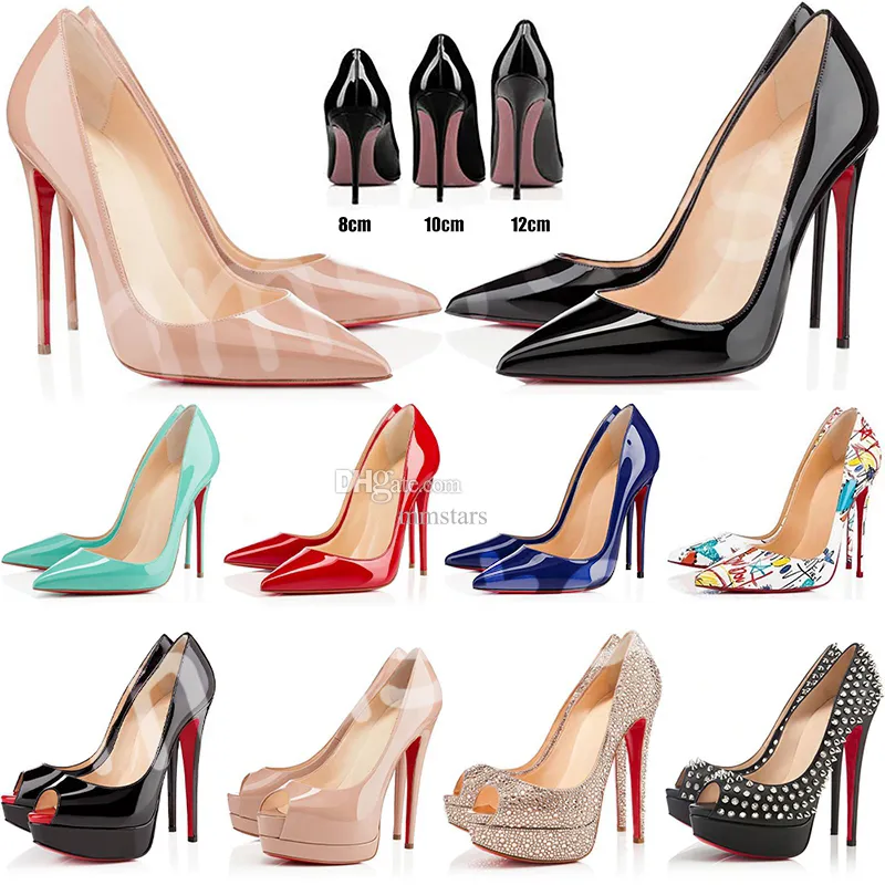 Rode Onderkant Hakken Designer Hak Jurk Schoenen Ronde Puntige Peep Toes Vrouwen Luxe Hoge 8 cm 10 cm 12 cm Pompen Bodem Bruiloft