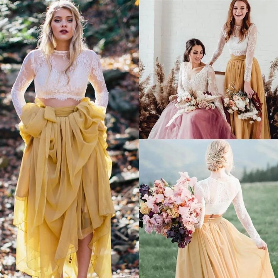 Country Boho Two Piece Wedding Dresses A Line Tulle kjol Sweep Train Country Brudklänningar spetsar långärmade kläder de Mariee Z34290T