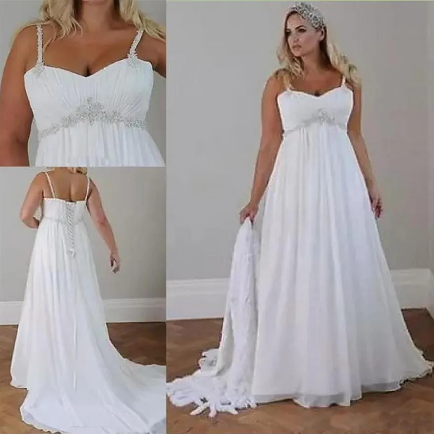 Cristais Plus Size Vestidos de Noiva de Praia 2019 Espartilho Costas Alças Espaguete Chiffon Até o Chão Cintura Império Vestidos de Noiva Elegantes 2810