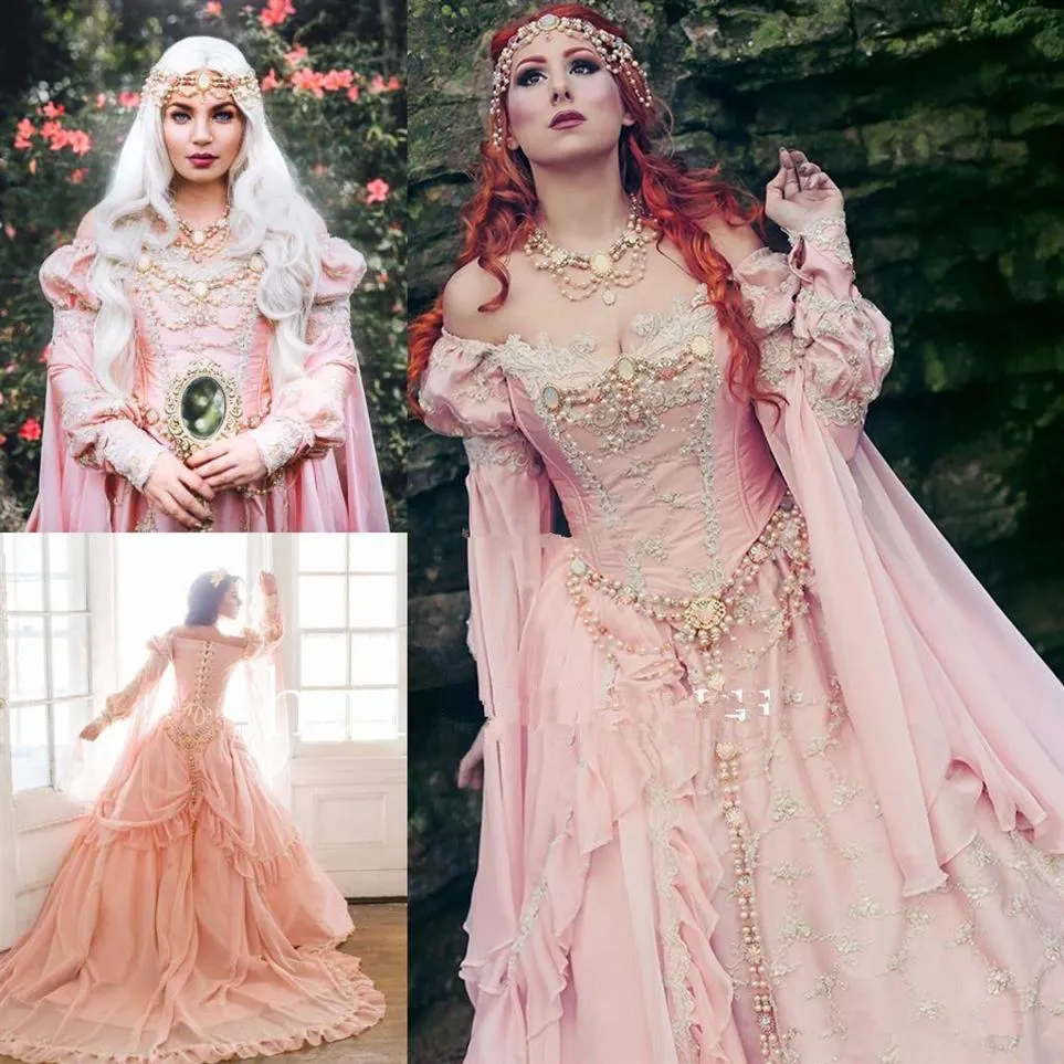 Abiti da sposa abito da ballo rosa medievale 2021 Vintage Halloween spalle scoperte pizzo manica reale perle giardino gotico con lacci da sposa 2438