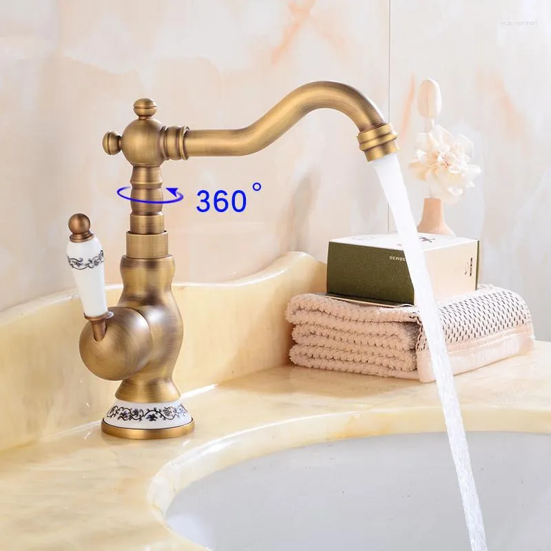 Bathroom Sink Faucets Q21 Antique Brass Basin Faucet Deck Mounted Single Handle Copper Luxury Long Spout Lavatory Cold Mixer Tap