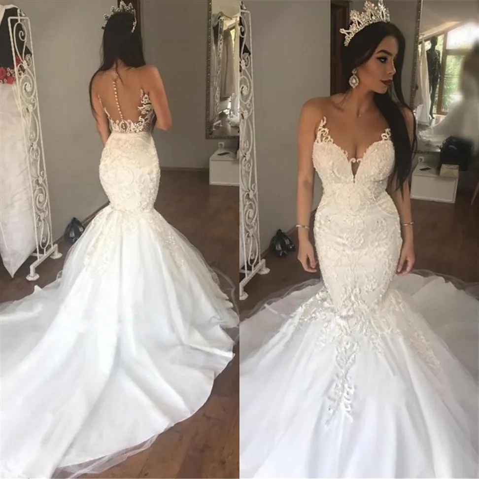 2022 Arabic Sleeveless See Through Tulle Sexy Mermaid Wedding Dresses Beads Appliques Bridal Dress with Long Train BA93492714