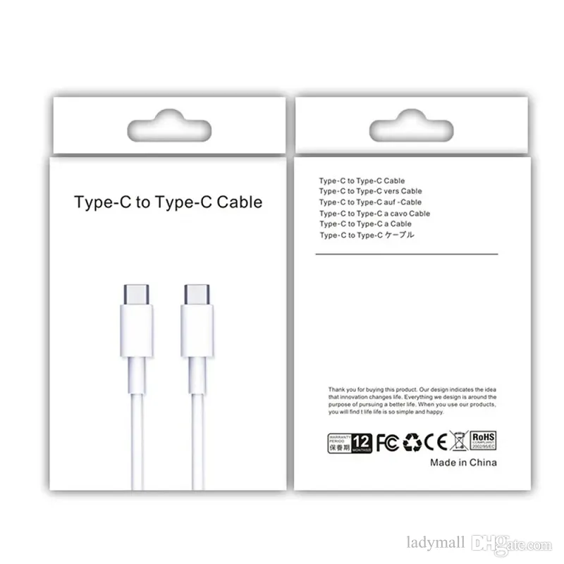 مربع الورق الأبيض مربع التجزئة عبوات الأكياس تغليف الأكياس للنوع C إلى نوع البيانات CATER سريع الشحن USB C Cable Cable Charger Universal