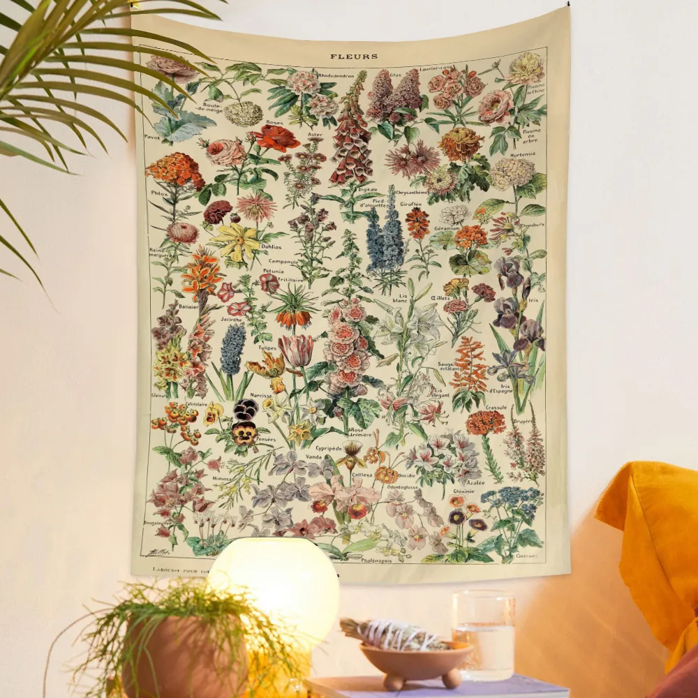 Filt botaniskt tryck blommig tapestry vägg hängande svamp vintage boho vildblomma grönsak färgglad heminredning 230729