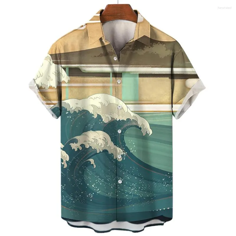 Heren Casual Shirts Vintage Ocean Wave 3d Printing Hawaiian Fashion Zomer Heren Shirt Losse Streetwear Korte Mouwen Revers Top