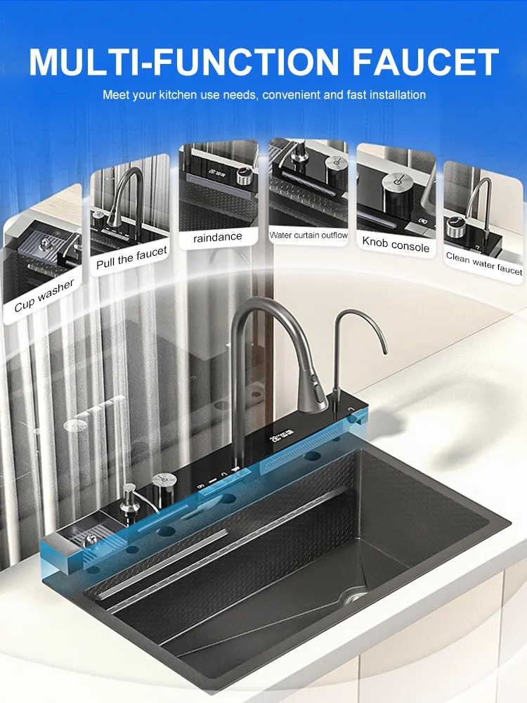 Évier de cuisine en acier inoxydable 304, grand évier à fente unique,  évacuation latérale gauche avec robinet en cascade pour la rénovation de la  cuisine