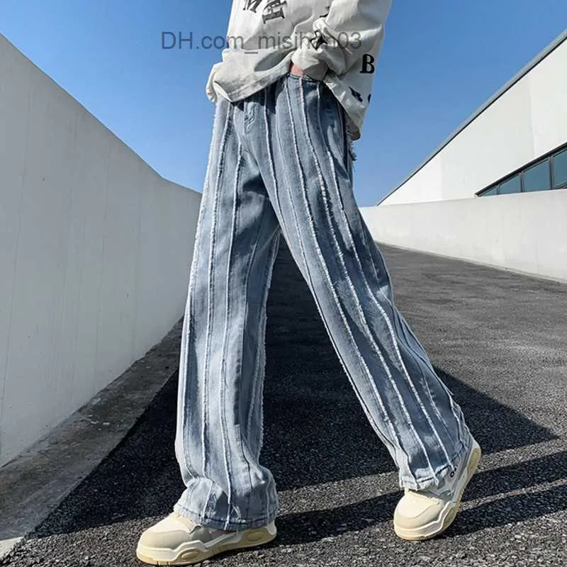 Men's Pants 2023 Y2K Street Costume Stripe Pockets Stacked Jeans Men's Clothing Washing Blue Straight Loose Denim Trousers Homme Z230801
