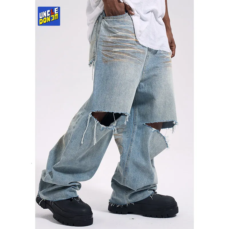 Herenjeans Knie gescheurde denim jeans grote gaten wijde pijpen dweilen jeans hiphop olifant broek streetwear mannen y2k broek vintage baggy jeans 230729
