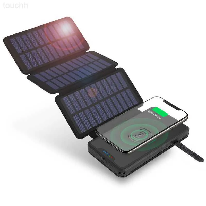 Cell Phone Power Banks 20000mAh Foldable 4 Solar Panel Power Bank Qi Wireless Charger For iPhone 13 12 Samsung Xiaomi Powerbank Waterproof Poverbank L230731