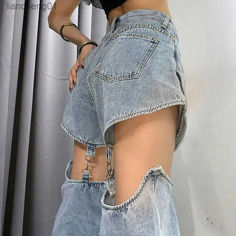 New Hip hop Denim Jeans Women chain Pants Metal Buckle Broken Cut Out  Trendy Trousers Split Female High Waist Hippie Streetwear